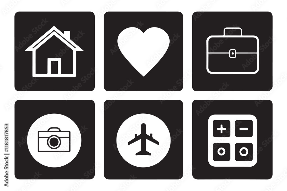 Home Icon, House Icon, Heart Icon, Briefcase Icon, Camera Icon, Airplane Icon, Calculator Icon Home Icon, House Icon, Heart Icon, Briefcase Icon, Camera Icon, Airplane Icon, Calculator Icon