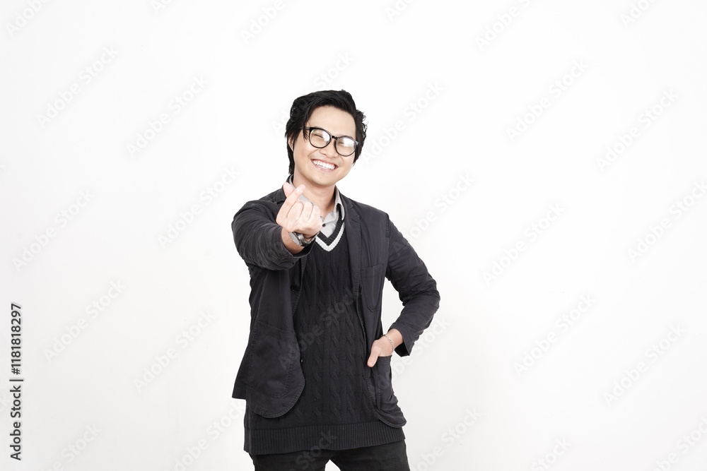 Showing Korean Heart Finger Of Beautiful Asian Man Isolated On White Background Showing Korean Heart Finger Of Beautiful Asian Man Isolated On White Background