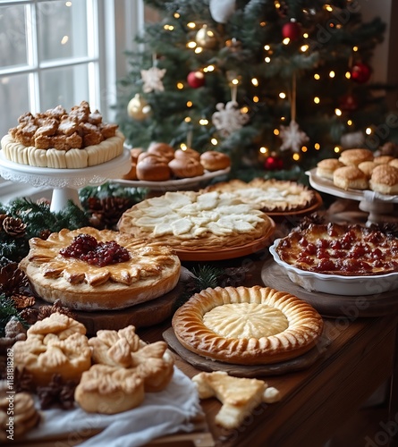 Festive Christmas table with assorted pastries and desserts. photo