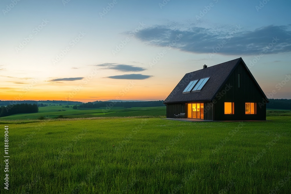 Serene Sunset Over a Modern Black House Surrounded by Lush Green Fields and Blue Sky, Capturing the Essence of Rural Tranquility and Natural Beauty Serene Sunset Over a Modern Black House Surrounded by Lush Green Fields and Blue Sky, Capturing the Essence of Rural Tranquility and Natural Beauty