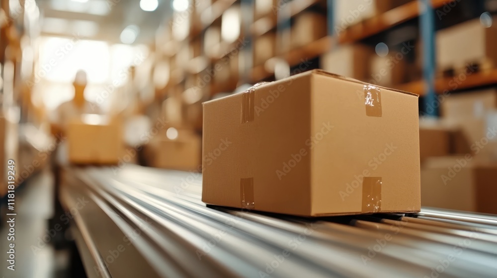 Packages moving along a conveyor belt in an active warehouse environment Packages moving along a conveyor belt in an active warehouse environment