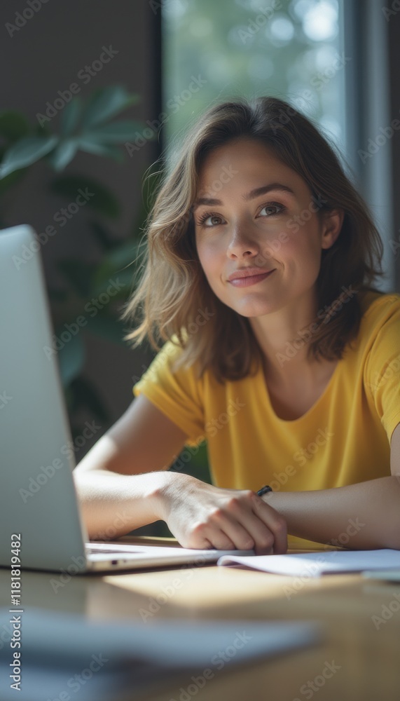 A young woman with wavy brown hair sits at a wooden desk, smiling warmly while working on her laptop. The soft natural light streaming through the window creates a cozy atmosphere, highlighting her A young woman with wavy brown hair sits at a wooden desk, smiling warmly while working on her laptop. The soft natural light streaming through the window creates a cozy atmosphere, highlighting her