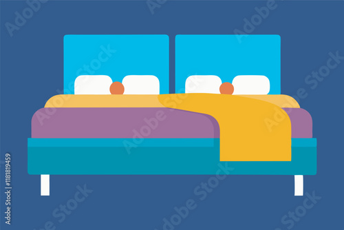 Image shows vibrant double bed with purple base, yellow bedding, contrasted by blue-green floor. Decorative with human heads, simple aesthetic on white background.