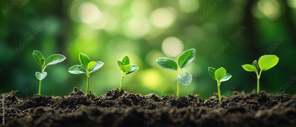 A peaceful and detailed close-up of small green seedlings sprouting from rich, dark soil, symbolizing growth and new beginnings. A peaceful and detailed close-up of small green seedlings sprouting from rich, dark soil, symbolizing growth and new beginnings.