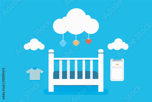 Illustration of a baby's room with a blue background, clouds, a crib, and clothing. Creates a light, warm, and comforting ambiance.