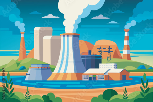 A cartoon nuclear power plant by a river emits smoke; hills, river, and buildings surround it. Daytime scene with car, transmission tower, and blue sky.