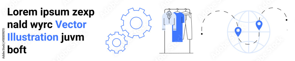 Gear mechanisms rotating, clothing items on a rack, and a globe with location markers surrounded by dotted lines. Ideal for technology, fashion, logistics, global business, data analysis, industry Gear mechanisms rotating, clothing items on a rack, and a globe with location markers surrounded by dotted lines. Ideal for technology, fashion, logistics, global business, data analysis, industry