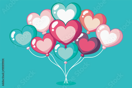 Cluster of ten colorful heart-shaped balloons tied together, floating against sky-blue background. Colors: pink, blue, green.