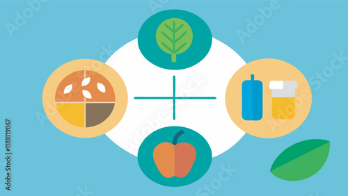 An illustration promoting healthy eating with food icons in circles. Bright design with blue accents. Includes a pie, leaf, apple, and fridge.