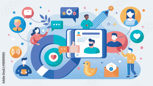 Dynamic scene with a blue hand holding a tablet amidst social media icons, human characters interact lively, symbolizing innovative digital engagement.