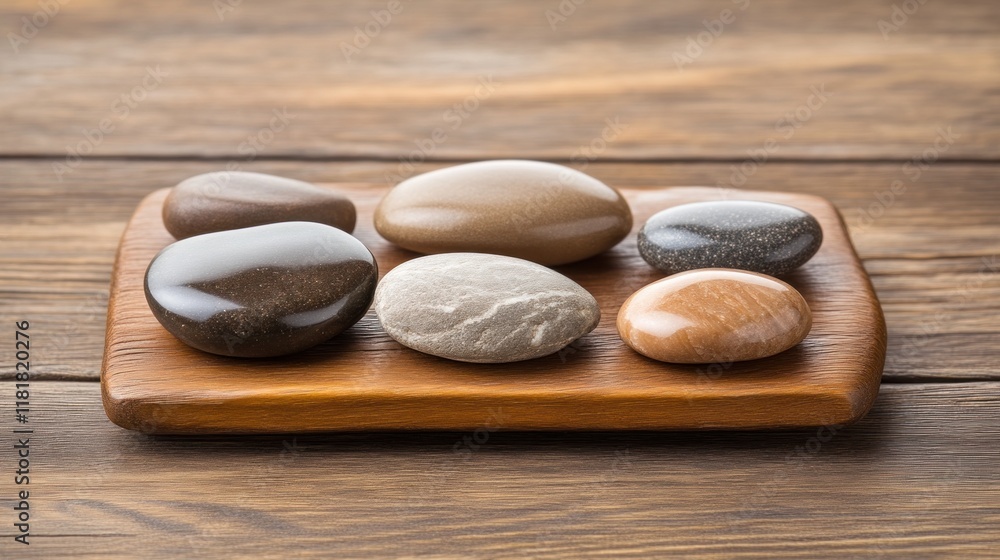 Artisan crafted smooth stones display wooden tray decorative elements rustic environment close-up view natural aesthetics Artisan crafted smooth stones display wooden tray decorative elements rustic environment close-up view natural aesthetics