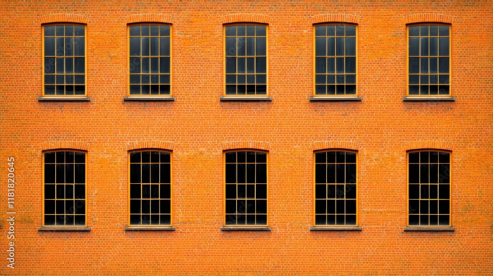 Symmetrical Orange Brick Wall with Multiple Windows Symmetrical Orange Brick Wall with Multiple Windows