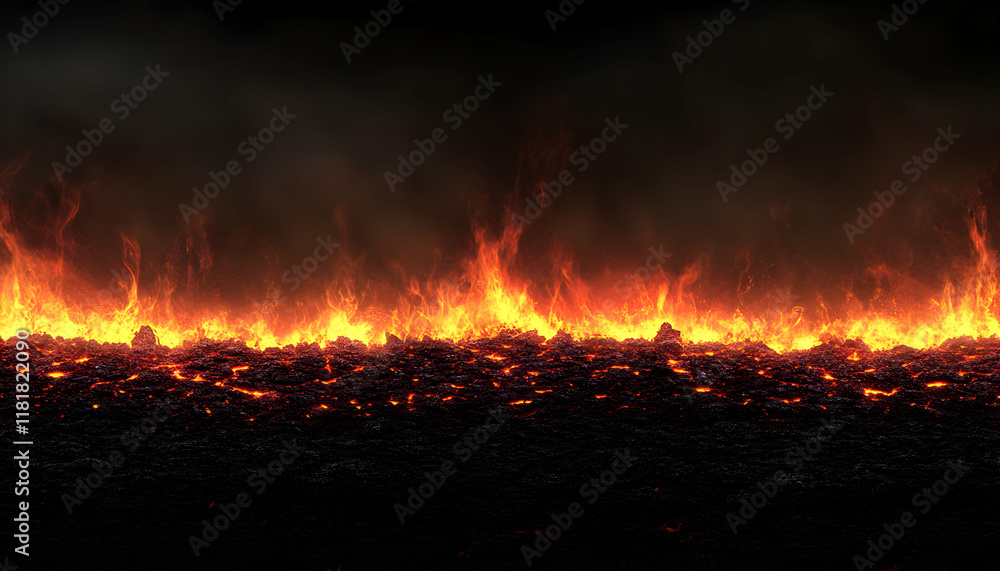 Intense fiery inferno burning over dark volcanic rock; seamless texture ideal for backgrounds, VFX, and graphic design projects. Intense fiery inferno burning over dark volcanic rock; seamless texture ideal for backgrounds, VFX, and graphic design projects.