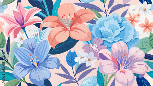 A floral composition with an emphasis on bright and saturated colors on a light background.