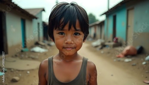 A young Hispanic boy  wearing a dirty tank top, in a slum area highlighted social inequality photo