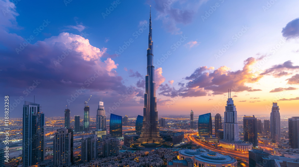 Obraz premium Impressive skyline of Dubai with iconic skyscraper at sunset