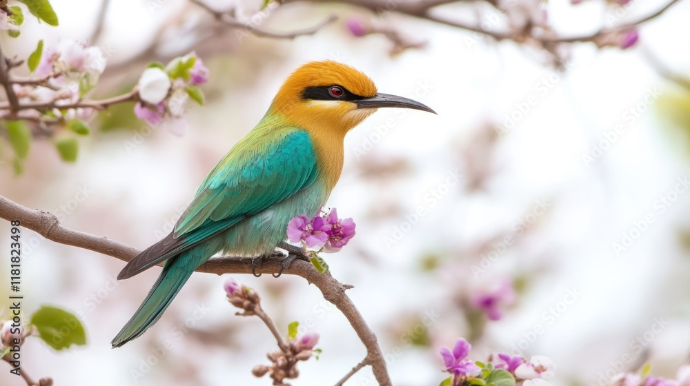 Golden-breasted Bee-eater Perched on a Blossom Branch Golden-breasted Bee-eater Perched on a Blossom Branch