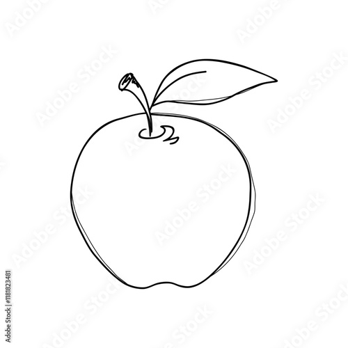 Sketch of an apple with a leaf. Black and white illustration of a fruit, hand-drawn, isolated on a white background, vector. An element for design, decoration, decoration, embellishment, doodle style