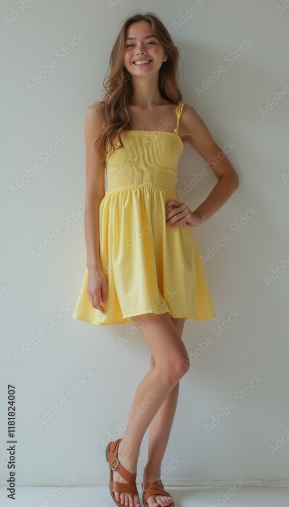 A joyful young woman stands confidently in a bright yellow dress, radiating warmth and positivity. Her playful pose and beaming smile evoke a sense of happiness and carefree summer vibes, perfect for A joyful young woman stands confidently in a bright yellow dress, radiating warmth and positivity. Her playful pose and beaming smile evoke a sense of happiness and carefree summer vibes, perfect for