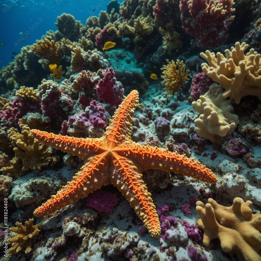 A starfish with golden hues on a bed of colorful coral, surrounded by the lively ocean. A starfish with golden hues on a bed of colorful coral, surrounded by the lively ocean.