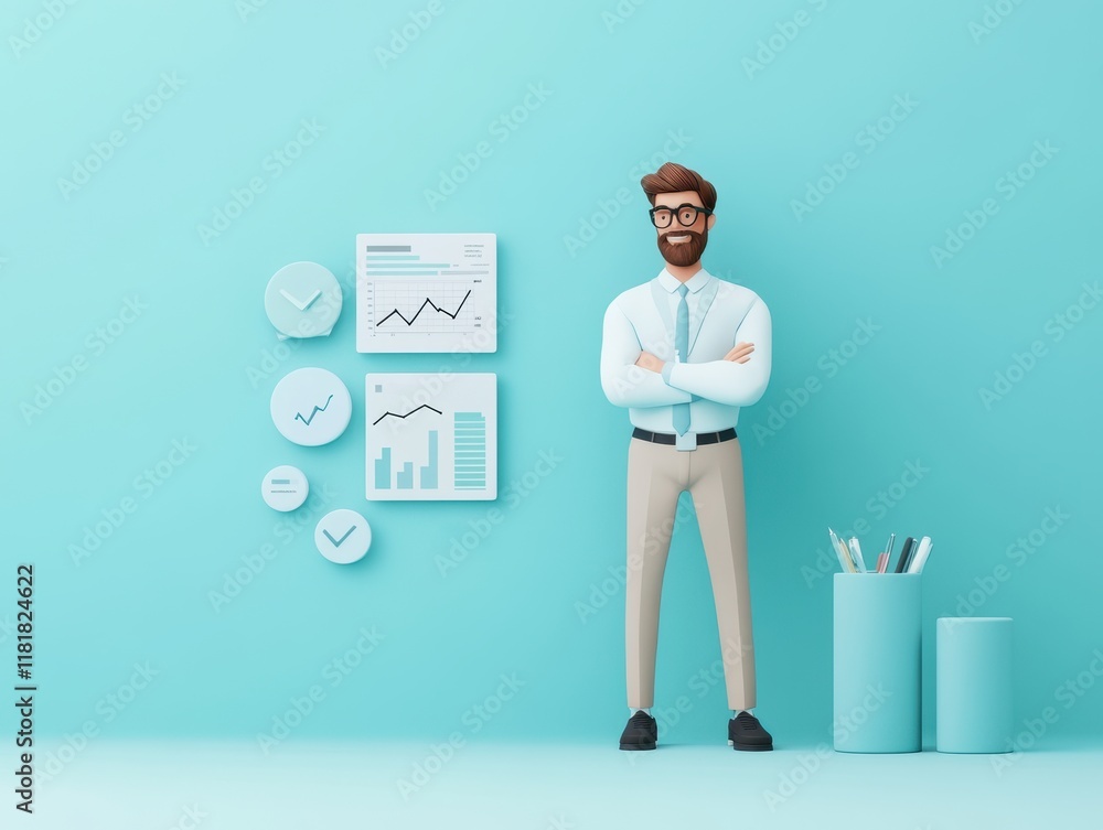 Fototapeta premium A confident businessman stands against a turquoise backdrop, surrounded by graphs and data visuals, embodying professionalism and analytics.