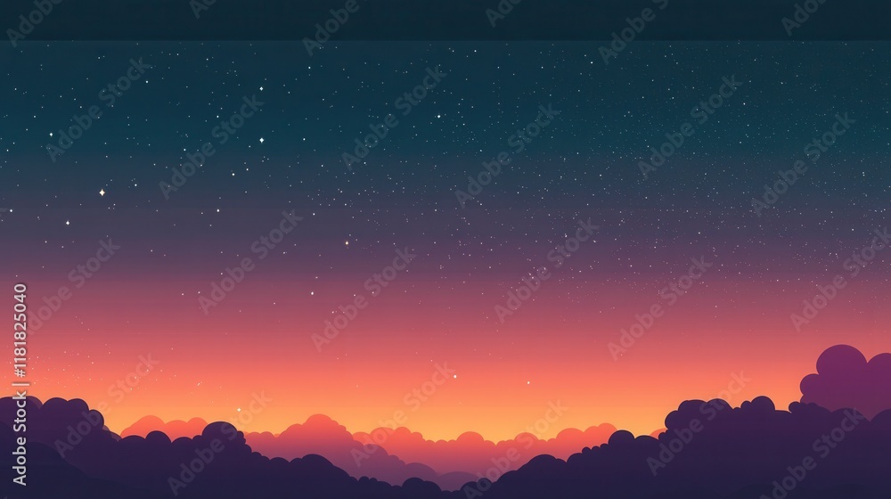 Naklejka premium Twilight sky transformation deep purple and coral clouds nightfall digital art serene atmosphere panoramic view magical experience