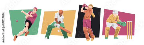 Set of male cricket athlete players with different poses. Isolated on white background. Flat character vector illustration.