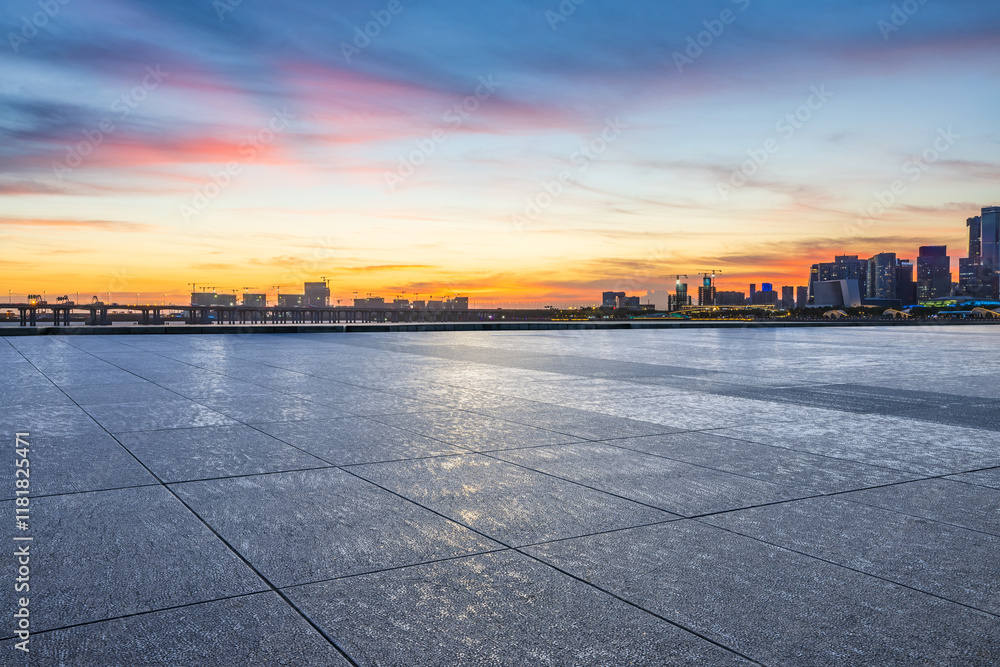Empty square floor with modern city buildings scenery at dusk. Outdoor city background.