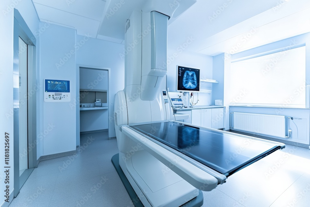 A digital x-ray machine in a veterinary imaging room. A digital x-ray machine in a veterinary imaging room.