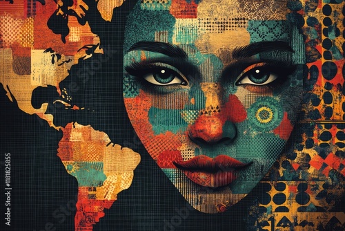 Woman face emerging from world map with colorful fabric patterns photo