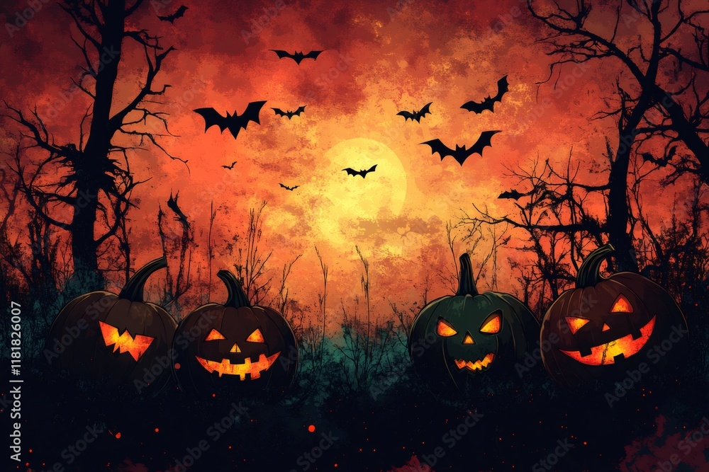 Halloween pumpkins glowing under full moon with bats flying around Halloween pumpkins glowing under full moon with bats flying around