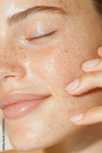 People with acne A close-up of a woman gently touching her glowy, freckled face, showcasing healthy skin and natural beauty.