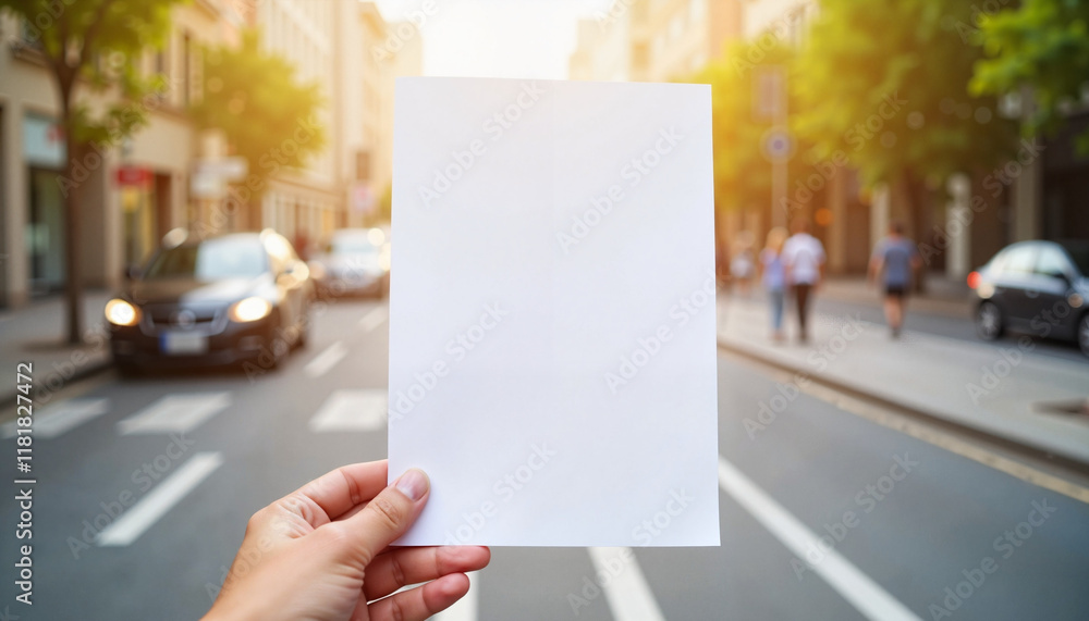 Hand holding blank paper in busy urban street Hand holding blank paper in busy urban street