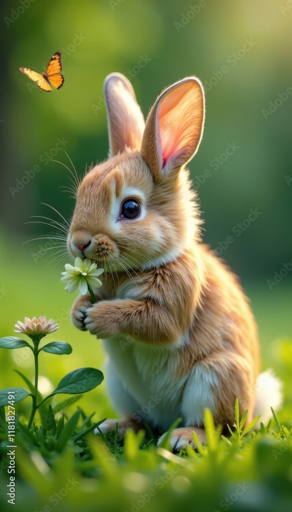 Fluffy bunny nibbles clover, butterfly lands nearby, insect photography, animal, adorable Fluffy bunny nibbles clover, butterfly lands nearby, insect photography, animal, adorable