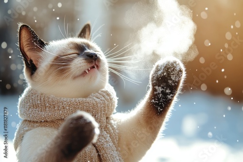 Animal support. Sidesplitting pets. Happy cute baby cat siamese in winter warm clothes, winter breath from nose and mouth in freezing air. Cozy cat fashion. Pet care hacks. Pet winter coat. photo