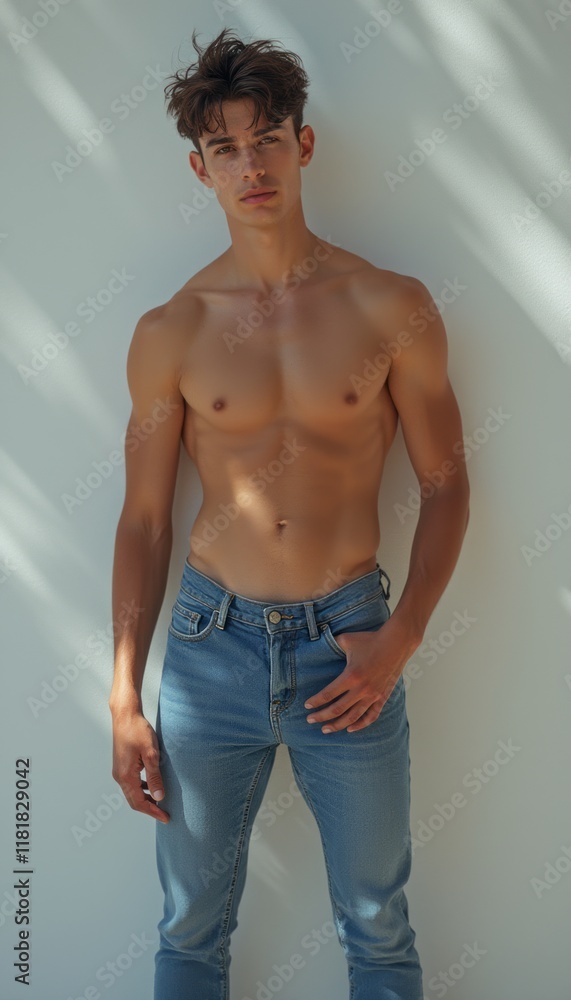 Fototapeta premium A handsome young man stands against a minimalist white background, showcasing his toned physique in fitted blue jeans. The interplay of light and shadow accentuates his strong features, exuding a