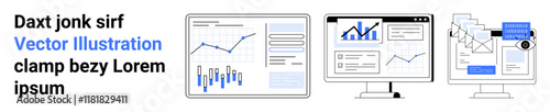 Three computer screens displaying various data analytics with graphs, charts, and flow diagrams. Ideal for business analytics, data visualization, workflow management, corporate presentations, data