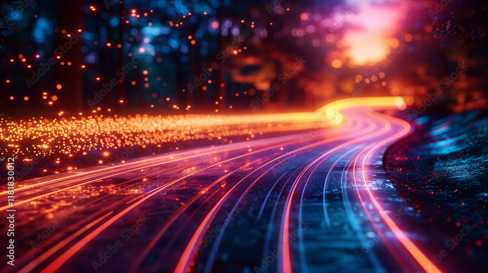 Obraz premium Curved neon road glowing in the twilight forest