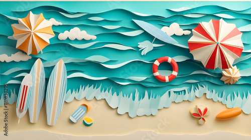 Top View of Summer Beach with Umbrellas, Balls, Swim Ring, Sunglasses, and Accessories in Paper Craft Style. photo