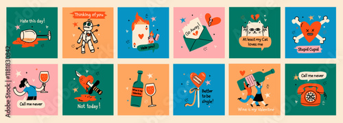 Groovy valentine s day greeting cards with funny quote and illustrations. Anti Valentines day poster for t shirt design, textile print and gifts design. Vector illustration.