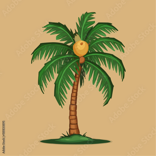 A painting of palm trees and a beach with coconuts, Coconut Tree with Beach and Sunset Background Tropical Vector Art