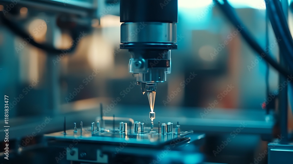 Automated precision assembly process in a factory. Industrial automation background. Use Technology, manufacturing. Automated precision assembly process in a factory. Industrial automation background. Use Technology, manufacturing.