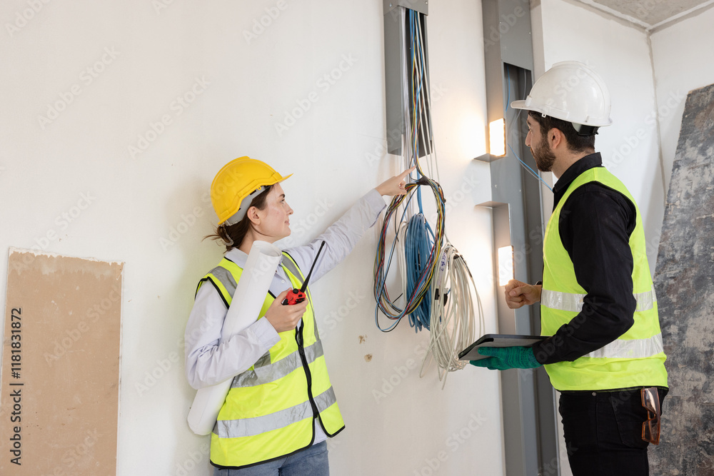team electrical engineers or technicians is professionally inspecting the wiring and systems in the building. Check electrical equipment to meet safety standards. Use a tablet to check buildings. team electrical engineers or technicians is professionally inspecting the wiring and systems in the building. Check electrical equipment to meet safety standards. Use a tablet to check buildings.