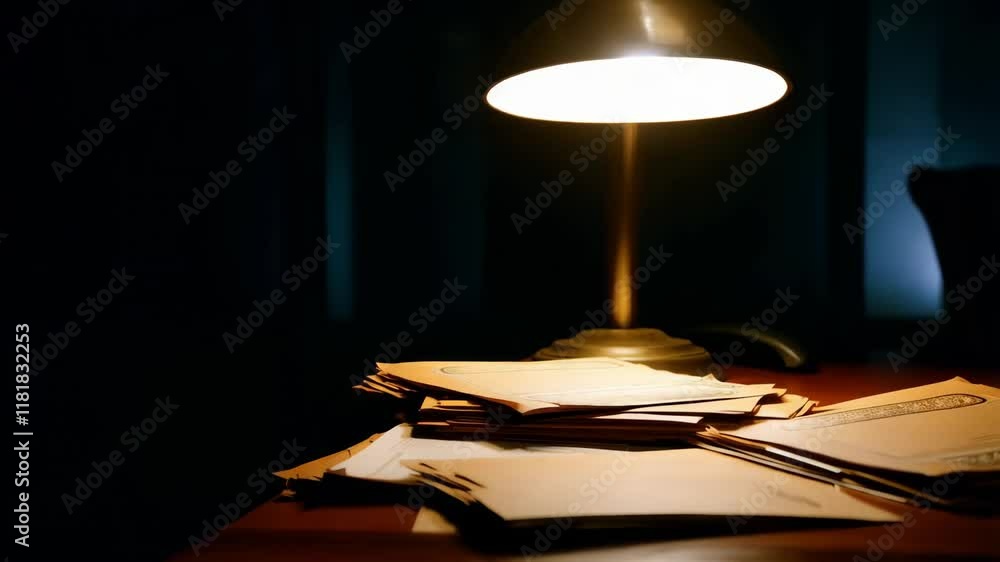 Stacked office files illuminated by desk lamp, casting warm glow during late night work session in dark professional environment Stacked office files illuminated by desk lamp, casting warm glow during late night work session in dark professional environment