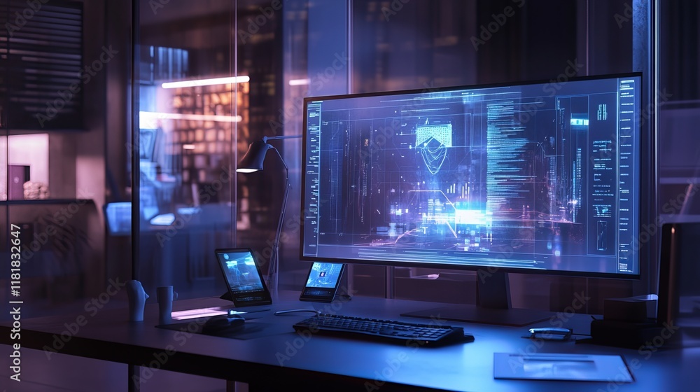 Virtual holographic interface projected onto a desktop computer in an office setting, creating a futuristic and technological atmosphere. Virtual holographic interface projected onto a desktop computer in an office setting, creating a futuristic and technological atmosphere.