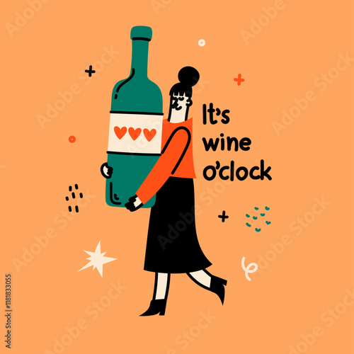 Vector doodle illustration of a young woman with a bottle of red wine in a romantic setting celebrates Valentines Day alone and in harmony with herself.