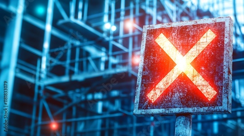 Red X sign on industrial construction site.