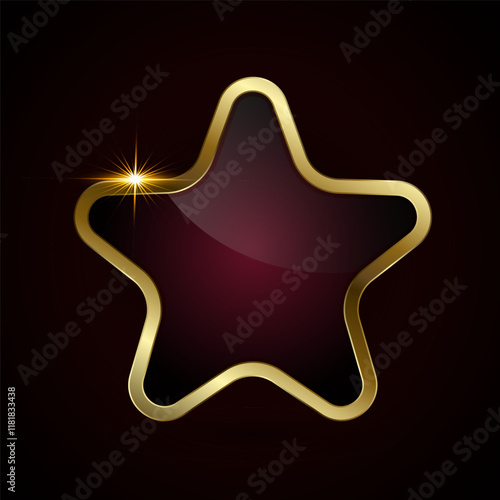 Red luxury vector star button design on dark gradient background, enclosed by a shiny gold metallic border. used in banner, button, web UI design, option concept