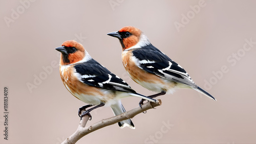 pair of birds female and male grosbeaks sitting on branch side by side in spring garden photo