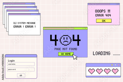 Retro style error page design with 404 message, login screen, and loading animation on a pastel grid background